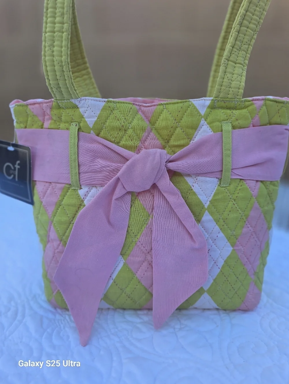 C&F Home Argyle Prepster Tote – Quilted Pink & Lime Bow Bag